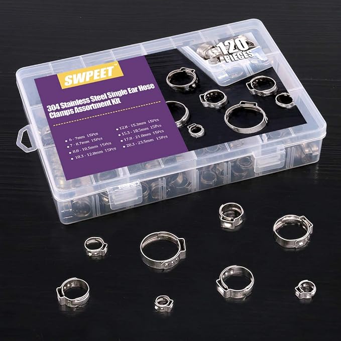 Swpeet 120Pcs 304 Stainless Steel Single Ear Hose Clamps with 9 inch Single Ear Clamp Pliers