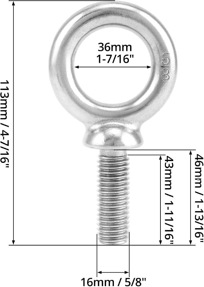 QWORK Eye Bolt, 5 Pack 5/8"-11 x 1-3/4" Marine Grade 304 Stainless Steel Lifting Ring Threaded Eyebolt Machinery Shoulder Eyebolts