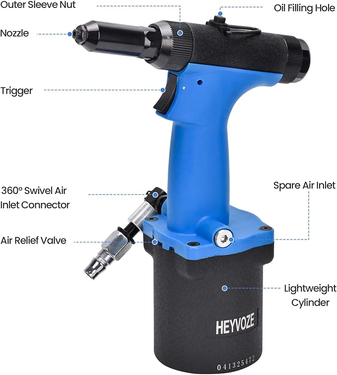Air Pneumatic Rivet Gun Kit – Heavy Duty Pneumatic Riveter with 3/32", 1/8", 5/32", 3/16" Nosepieces, Ideal for Automotive, Construction, and Manufacturing Applications