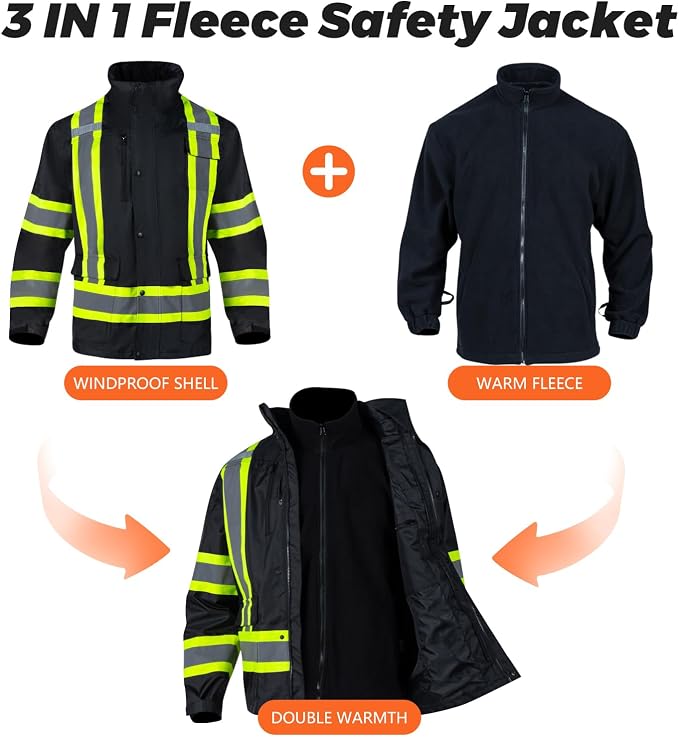 FONIRRA High Visibility Safety Jackets for Men 3-in 1 Hi Vis Reflective Winter Jacket Waterproof ANSI Class 3