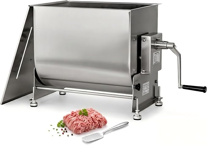 CLIVIA Commercial Meat Mixer 90lb/45L | Stainless Steel, 90° Tilting Tank, Heavy Duty Manual Sausage Blender, Hand Crank, For Sausage Patty Jerky