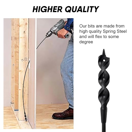 HUAALIUCHE 48" Flexible Installer Drill Bit for Pulling Wires in Walls, Ceilings, and Sidewalks, 3/4" Auger with Screw Point & Fish Eye, 1/4" 3-Flat Shank for Wood & Conduits, with Storage Tube