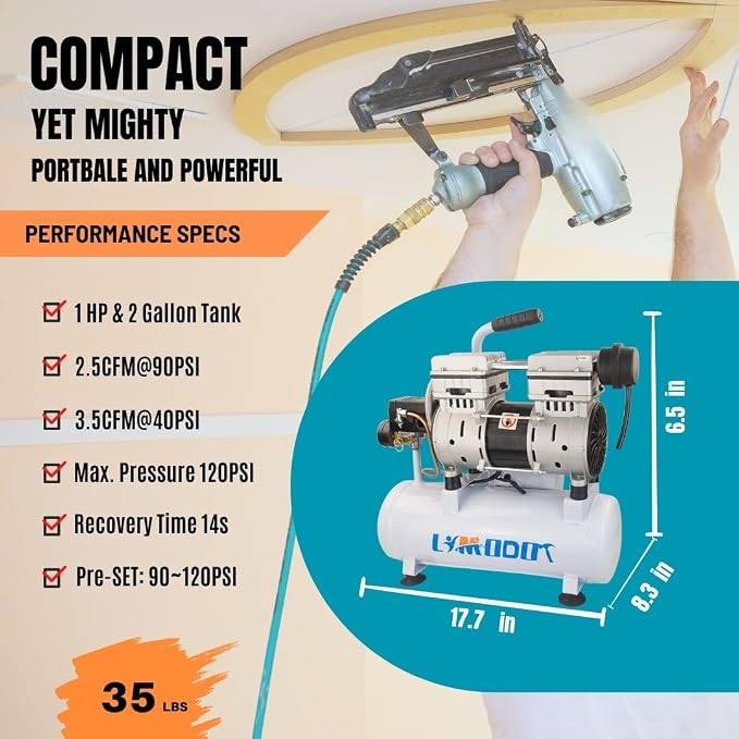 Ultra Quiet Air Compressor, 60 dB, 2.5 CFM @ 90 PSI, 2 Gallon Air Tank | 1 HP Oil-Free Compressor with Steel Tank and Fast 14-Second Recovery for Garage, Nail Guns and Pneumatic Tools