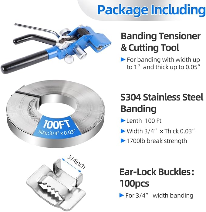 Steel Strapping Banding Kit, Heavy Duty Banding Tensioner & Cutting Tool for 3/4'' Width 100Feet Length 304 Stainless Steel Band Coil, 100pcs Steel Ear-Lokt Buckle