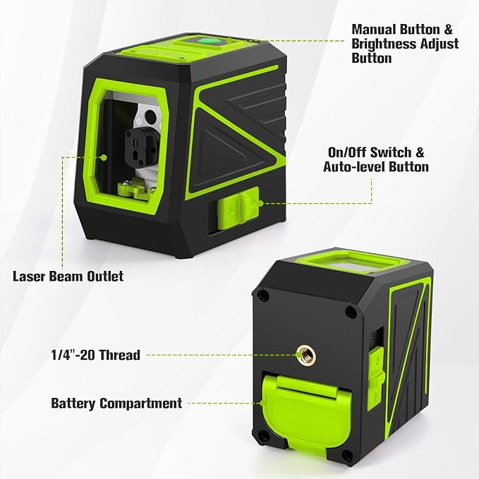 Laser Level with Tripod, 100 Ft Manual Self leveling Laser Level, Green Cross Line，Use for Picture Hanging Floor Construction Tile Wall Home Renovation, Indoor Project, Battery Included（Green)