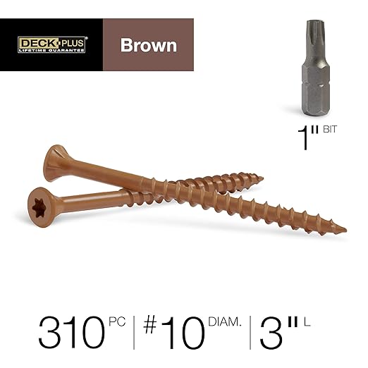 Deck Plus 3 Inch Epoxy Coated Exterior Wood and Fence Screws #10 x 3 Torx/Star Drive Included Coarse Thread, Outdoor Rust Resistant Decking Screw, Brown, 5 lb Box, 310 Pieces | 49009