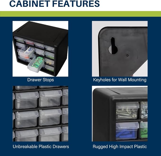 Akro-Mils 16-Drawer Plastic Drawer Storage Cabinet for Garage Organization, Beads, Makeup Organizer, Building Bricks Storage, Teacher Toolbox, 10-1/2" W x 6-1/2" D x 8-1/2" H, 10116 Black (Pack of 2)