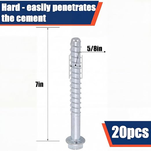 Tandefio 20 Pack 5/8" x 7" Concrete Screw Anchors Galvanized Large Diameter Heavy Duty Plated Concrete Anchors for Masonry Brick Anchoring Block Decking Framing Hex Drive
