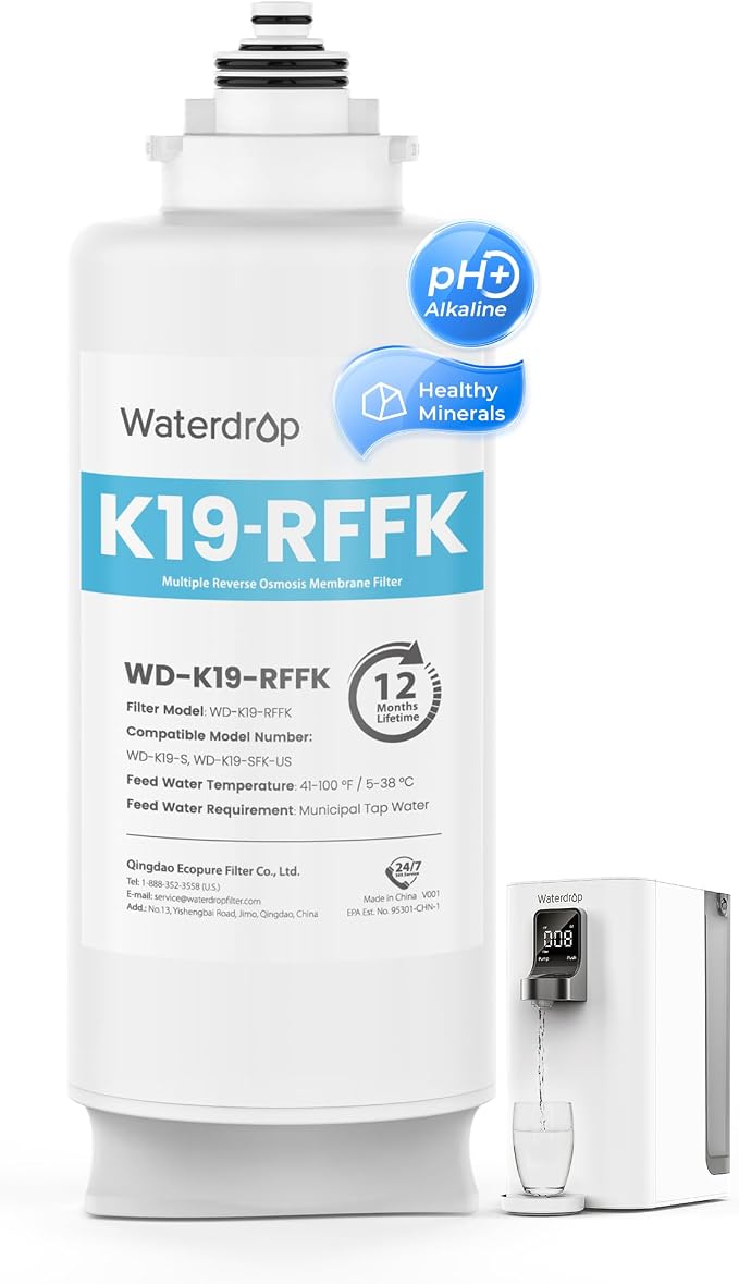 Waterdrop K19RFFK Filter, Replacement for K19-SFK System, 12-Month Lifetime | Added Alkaline Minerals, Long Filter Lifespan, Easy and Quick Filter Replacement, Countertop Reverse Osmosis Filter