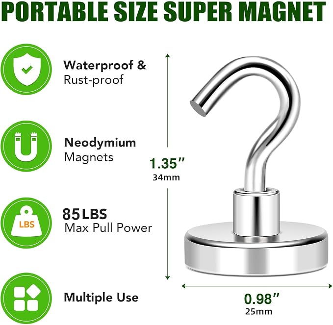 MIKEDE 12 Pack Magnetic Hooks Heavy Duty 85lbs Strong Magnets | Metal Hooks for Cruise Cabins Industrial Strength Magnets Hooks Perfect for Ships Outdoor Hanging Brackets Refrigerator