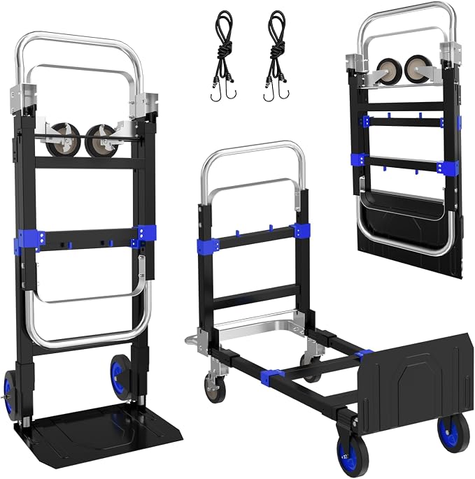 3 in 1 Hand Truck, 600Lbs Capacity, Heavy Duty Collapsible Cart with Retractable Handle, Dolly Cart with 2 Universal Wheel with Brake for Moving Home, Office, School, Shopping, Warehouse, Blue