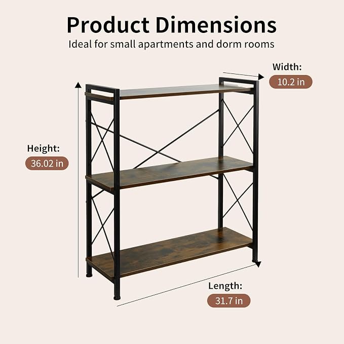 COSYSUPER 3 Tier Storage Shelf, Small Industrial Shelving Unit with Metal Frame & Wood Shelves, Sturdy 3 Shelf Organizer for Bedroom, Living Room, Entryway, Easy Assembly