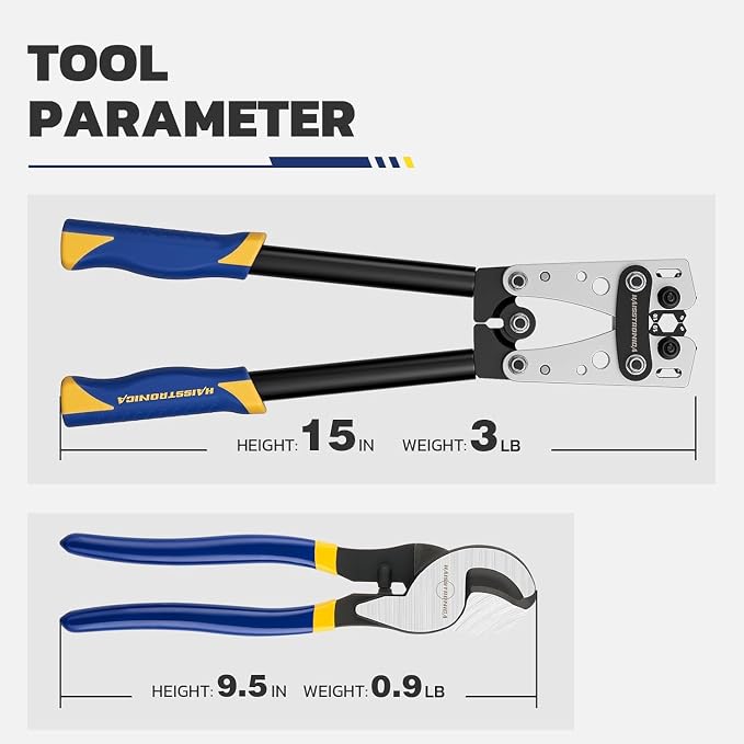 haisstronica Heavy Duty Battery Cable Crimping Tool Kit-Ratchet Hex Extended Handle Crimper for 8,6,4,2,1,1/0 AWG Copper Lugs with Cable Cutter, 32PCS Copper Lugs&Heat Shrink Tubing
