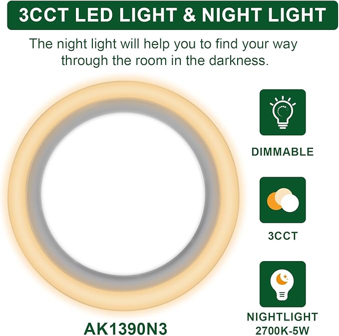 Akicon Bathroom Exhaust Fan with Light, 90 CFM, 1.5 Sones, 15W Dimmable 3CCT LED Light with 5W Night Light Ventilation fan for Bathroom, Kitchen and Home, Round, Silver