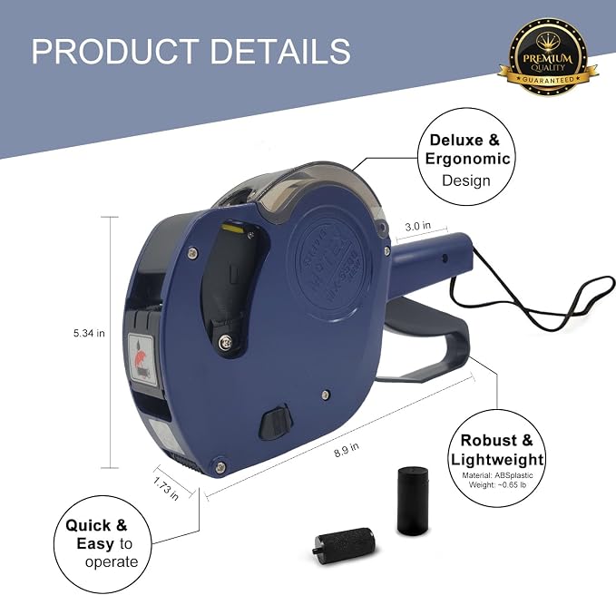 Motex Genuine MX-5500NEW 1 Line 8 Digits Price Tag Gun Kit - Includes 10,000 White Blank Labels and 1 Pre-Loaded Inker with 1 Ink Refill - for Grocery Store, Retail Shop, Garage Sale(Dark Blue)