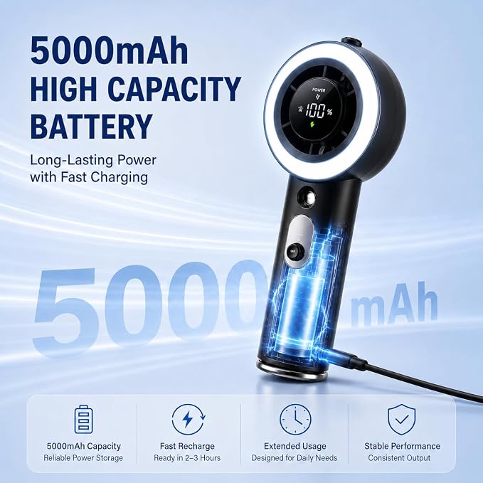 Portable Handheld Turbo Fan with Mist, Ice Cooling Powerful Fan 26000 RPM, 1-199 Speed Adjustable Personal Fan, Dynamic RGB Light, LED, 5000mAh Battery, Flashlight for Travel Office, Home and Outdoor