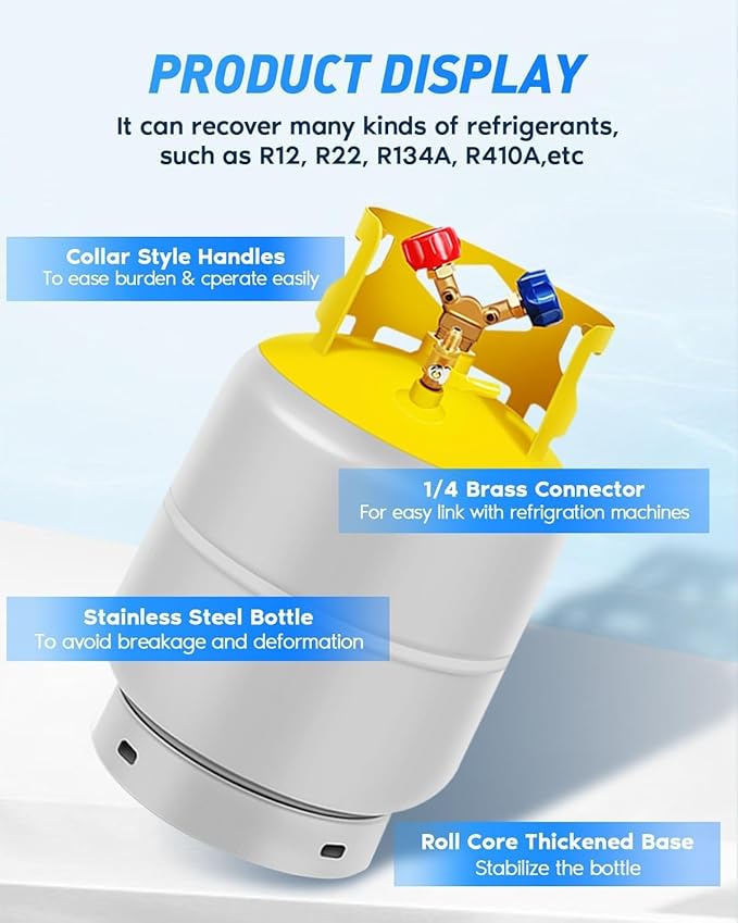 30 LB Refrigerant Recovery Tank for R12, R22, R134A, R410A Reusable Recovery Cylinder Tank 1/4 SAE Y-Valve Recovery Can Without Float Switch for Tank AC Freon Recovery Tank Cylinder Tank