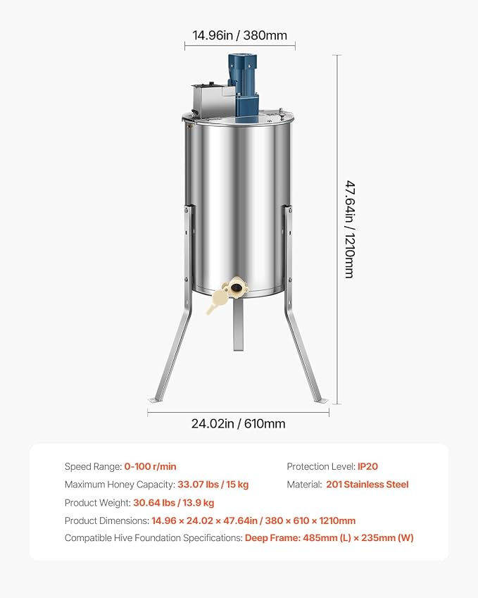 VEVOR Electric Honey Extractor, 3 Frame Honey Extractor with Transparent Lid, Stainless Steel Honeycomb Drum Spinner, Height Adjustable, Honeycomb Extraction Equipment for Beekeeping
