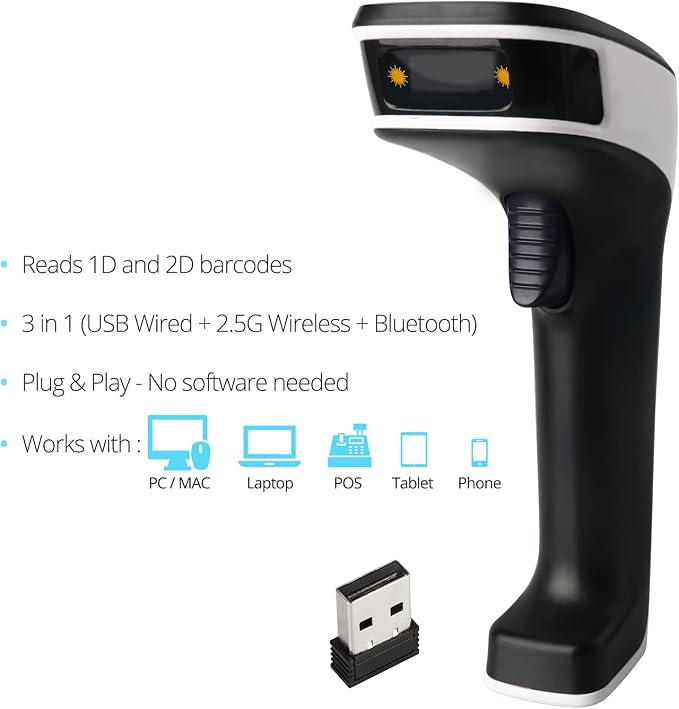 ScanAvenger Wireless Portable 1D with Stand Bluetooth Barcode Scanner: Hand Scanner 3-in-1, Cordless, Rechargeable Scan Gun for Inventory (1D&2D with No Next Gen Stand for QR Codes and PDF417)