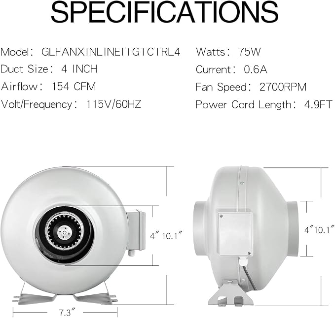 iPower 4 Inch 154 CFM Inline Ventilation Fan with Variable Speed Controller and 4” Air Carbon Filter 8 Feet Ducting, Combo Set for Grow Tent