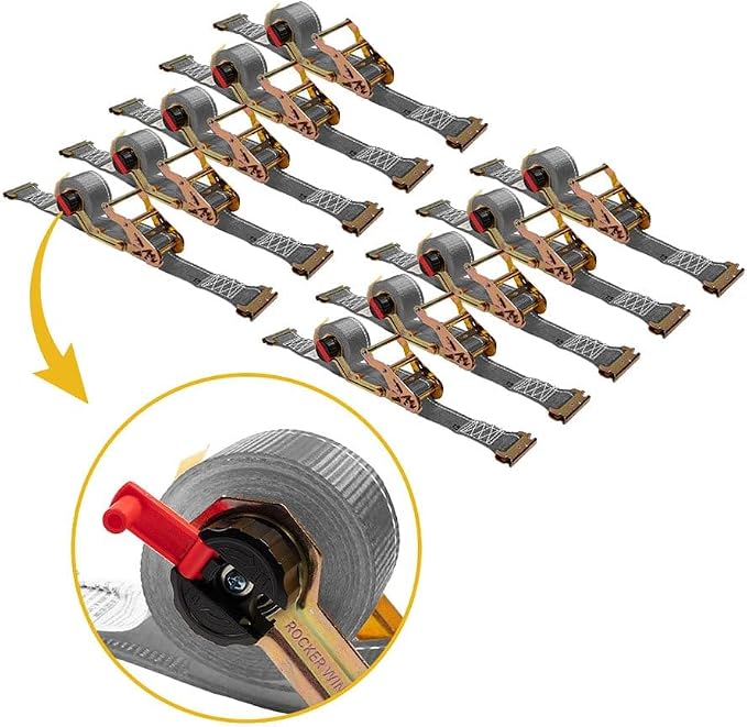 Mytee Products 10 Pk 2'' x 16' Rocker Winder Ratchet Straps for E-Track - Tie Down Straps with 4,500 lbs BS - Self Ratcheting Strap for Boat, Jet Ski, ATVs - Gray