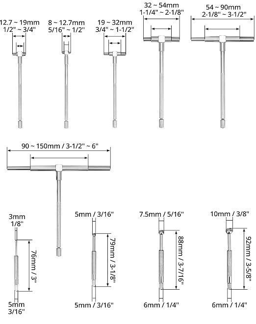 QWORK Stainless Steel Telescoping Bore Gauge Set - 1/8" to 1/2" Range and T Bore Hole Gauge Telescopic Gauge 6 Pcs 5/16" to 6"