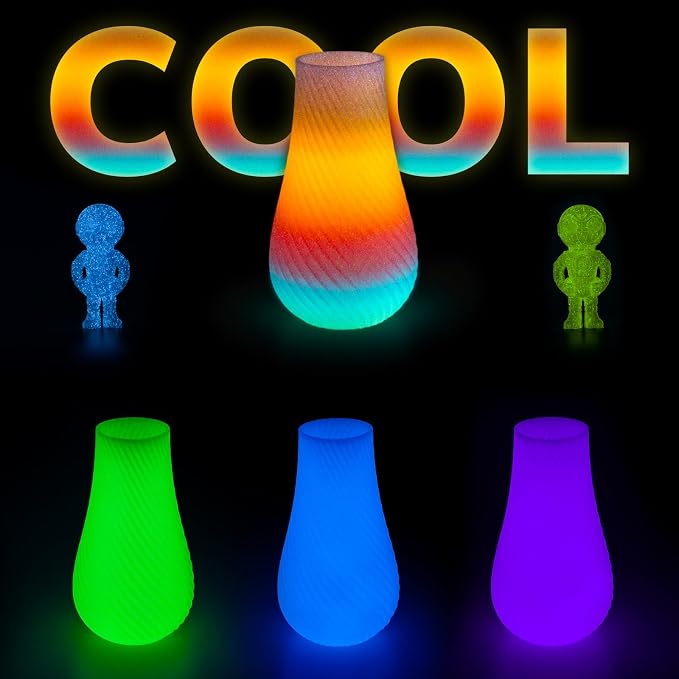 AMOLEN Glow in The Dark 3D Printer Filament Bundle, Glow Filament Multicolor, 5 Meter Rainbow, Green, Blue and Blue-Purple, 1.75mm PLA Filament, Dimensional Accuracy +/- 0.02 mm, 200g X 4 Pack
