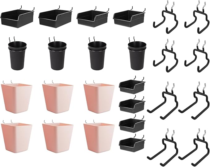 G.CORE 28 Pack Peg Board Accessories Set, Pegboard Bins Cups and Hooks for 1/4" Pegboards, Wall Organizers and Storage for Craft Room Garage Workbench Office