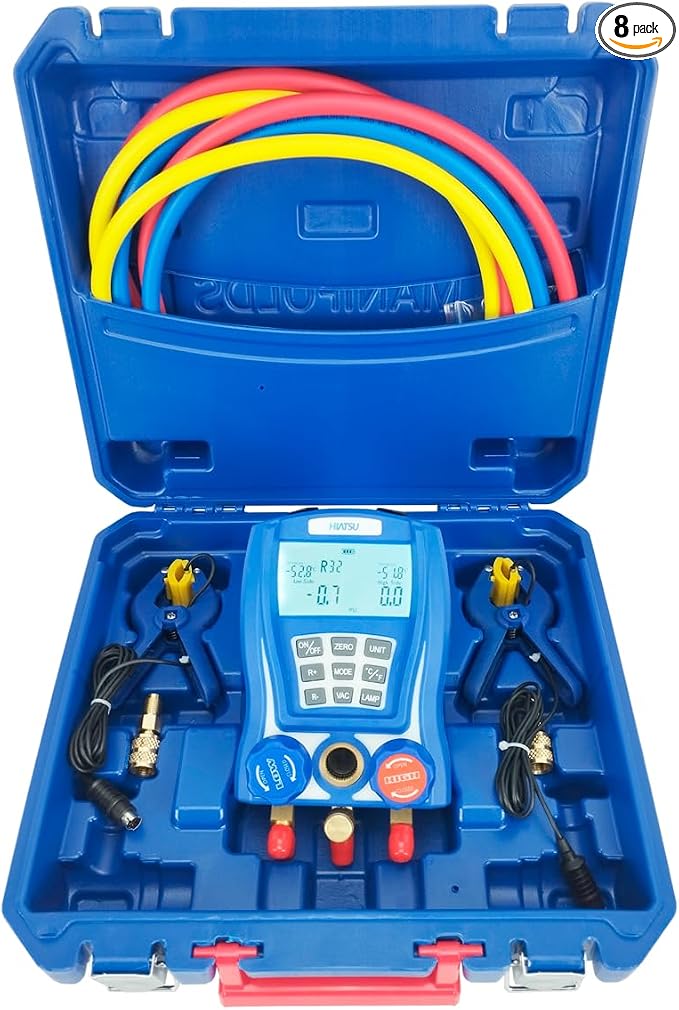 Hiatsu Digital HVAC Manifold Gauge Set with AC Gauges - Freon Gauges with 88 Refrigerants - Automotive Gauge Set with Temperature Clamps - AC Recharge Kit