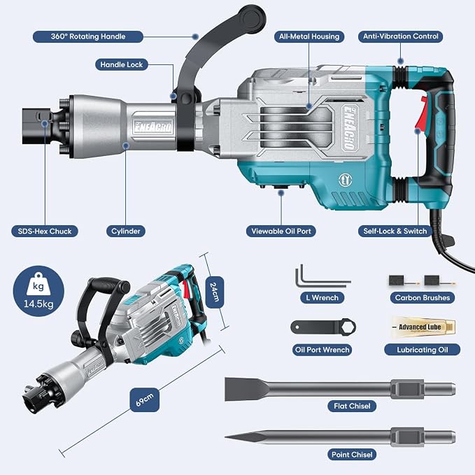 ENEACRO Demolition Jack Hammer 65 Joules SDS-Hex Concrete Breaker | 14.5Amp Heavy Duty, Chipping Hammer Cement/Pavement/Floor Breaker, 2pcs Chisels Included, Carry Box with Rollers