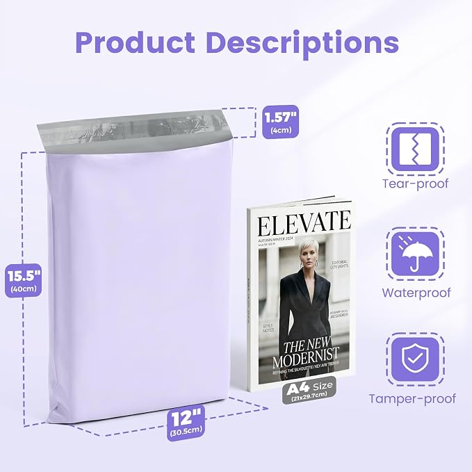 Metronic Poly Mailers 12x15.5 50PC Shipping Bags for Clothing, Self-Seal Waterproof Poly Bags Shipping Envelopes, Durable Plastic Package Mailing Bags for Small Business, Lilac Purple