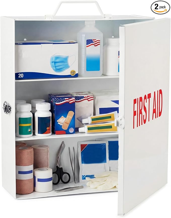 Timgle 2 Pcs First Aid Kit with Lock 3 Shelf Wall Mount Medicine Cabinet with Key Lock Handle Locking Medical Cabinet Lightweight Medium Wall Organizer Steel Storage Box for Business Worksite (White)