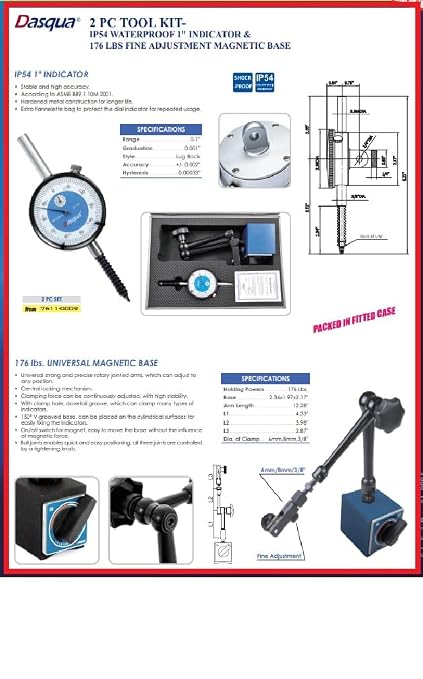 Dasqua 7611-0009 2 Piece Tool Kit with IP54 1-Inch Indicator and 176lb. Mag Base