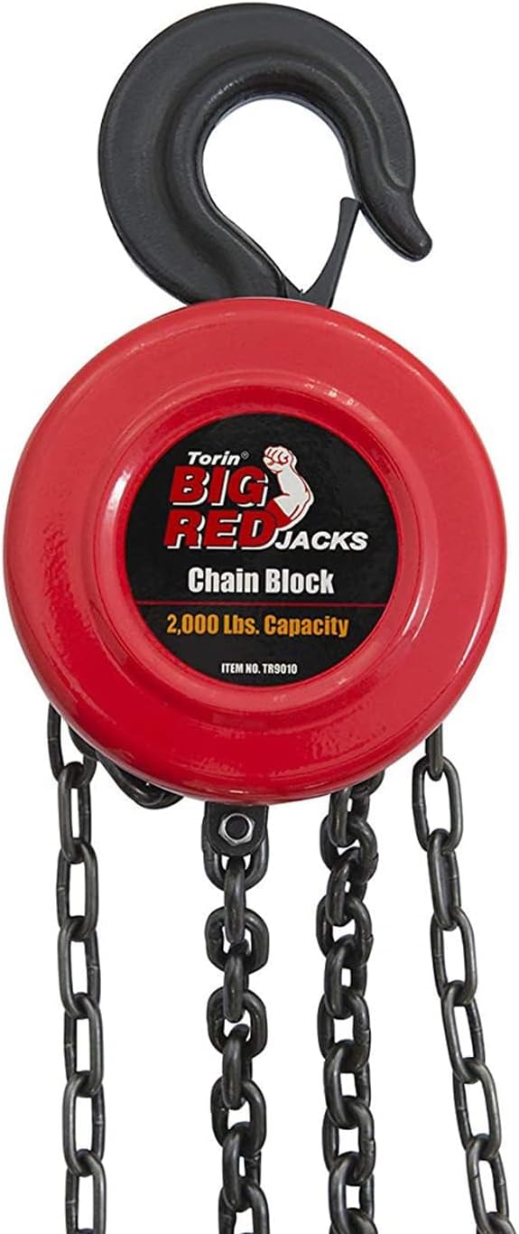 BIG RED Hand Chain Hoist 1 Ton 2000 Lbs Capacity 8ft/2.5m Torin Manual Chain Fall with 2 Heavy Duty Hooks, for Warehouse Automotive Machinery, Red, ATR9010R