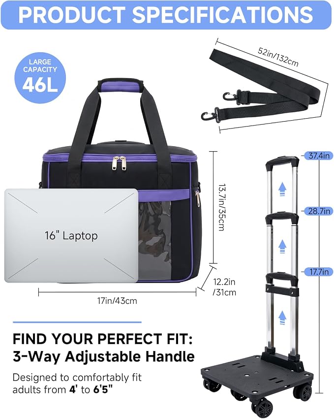 Amythe 5-Wheel Rolling Tote Bag for 15.6 in Laptop | Rolling tote for teachers, nurses & crafters; Spacious compartment fits 15.6 inch laptop; Smooth 5-wheel rolling design