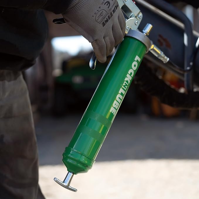 LockNLube Heavy-Duty Pistol Grip Grease Gun with our patented LockNLube® Locking Grease Coupler, 20" Hose, Inline Swivel, Rated 10,000 PSI