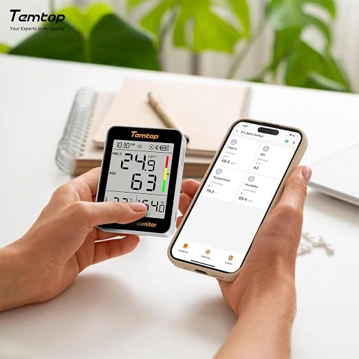 Temtop Smart Air Quality Monitor with Indoor Thermometer & Thermo-Hygrometer – PM2.5, AQI, Temperature and Humidity Detector for Home, Office, Nursery, School, App Connectivity, 60-Day Battery Life