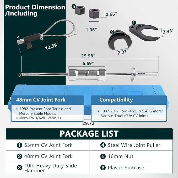 10lb Heavy Duty CV Axle Removal Tool Kit, Professional Inner CV Joint Puller with 10 Pounds Slide Hammer, 63mm & 48mm CV Joint Fork Adapter Attachments for Front Wheel Drive FWD Axle Half Shaft