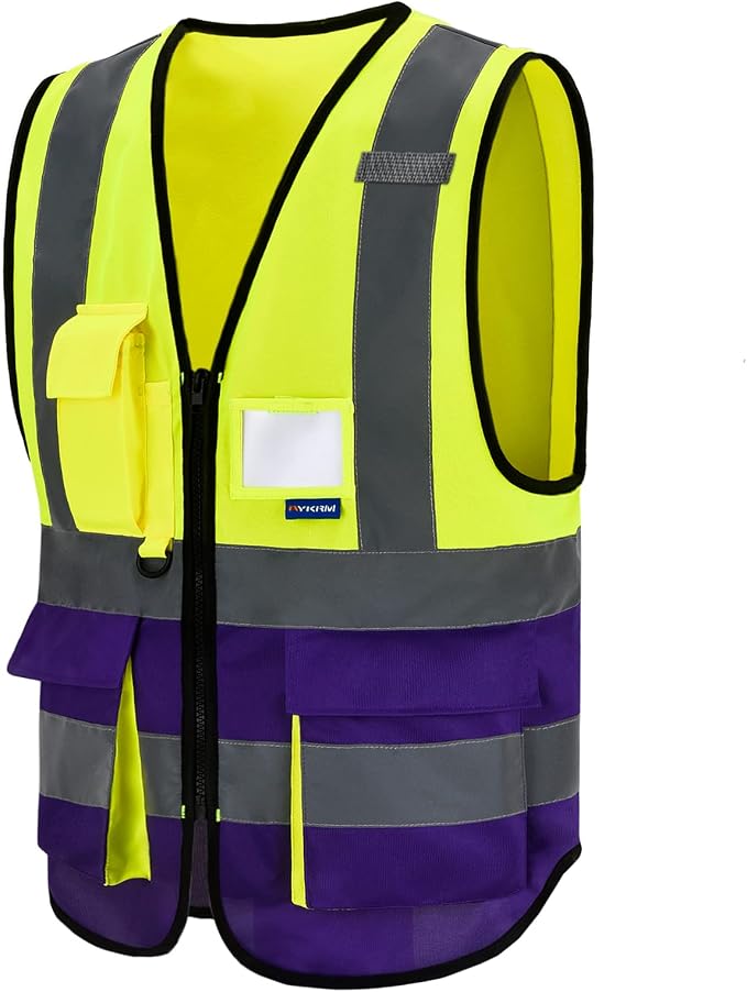 safety vest purple and yellow | Yellow/Purple XL work vest with 7 pockets, reinforced zipper pockets and black front zipper for specialized technicians.