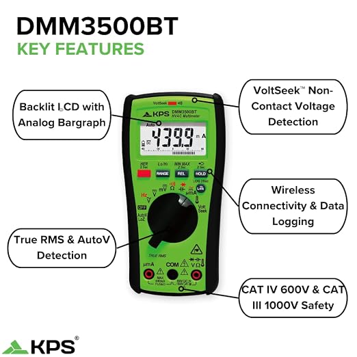 KPS DMM3500BT TRMS Multimeter – 1000V with Bluetooth, NCV, and Backlit Display | Ideal for Professional Electricians & HVAC Technicians