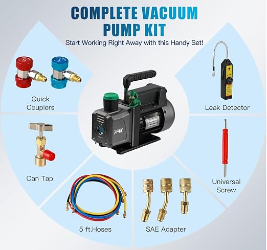 PB Motor TECH 4.5CFM 1/3HP Vacuum Pump with 4-Way AC Manifold Gauge Set for R134a R22 R410a - Includes Leak Detector, Puncture Can Tap, and More