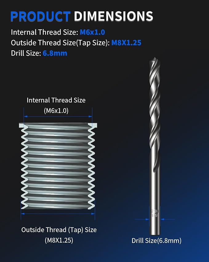 M6 x 1.0 Metric Thread Repair Kit, with HSS Drill Bit, Tap, Counterbore & Installation Driver, M6 x 1.0 Solid 304 Stainless Steel Inserts (10 Pcs, 11.7 mm Length)