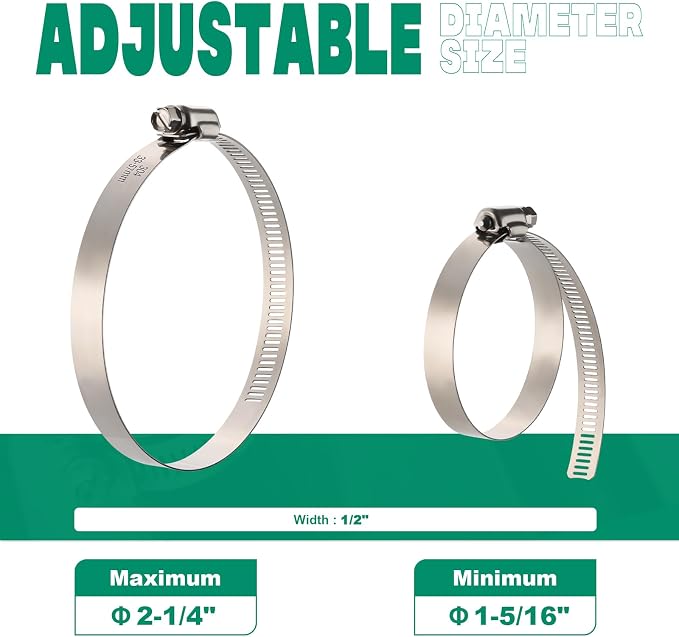 OURU 10PCS Hose Clamps Stainless Steel Adjustable 1-5/16"–2-1/4"(33-57mm) Worm Gear Hose Clamp, Heavy Duty Metal Small Hose Clamps for Automotive, Pipe, Radiator Plumbing, Fuel Line