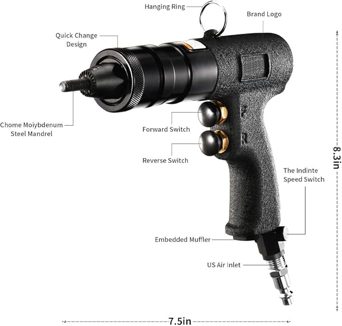 Pneumatic Rivet Nut Gun Tool, 1/4, 5/16, 3/8 inch Heavy Duty Adjustable Speed Air Rivet Gun with Mandrels Riveting Gun Kit Riveter Set Pull Rivnut Gun (804 Model)