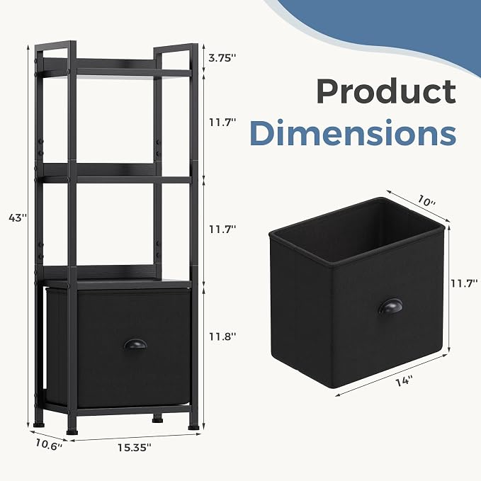 DUMOS 4 Tier Bookshelf with Fabric Drawer, Industrial Bookcase, Narrow Display Standing Shelf, Wood and Metal Storage Shelf Organizer in Bedroom, Living Room, Black