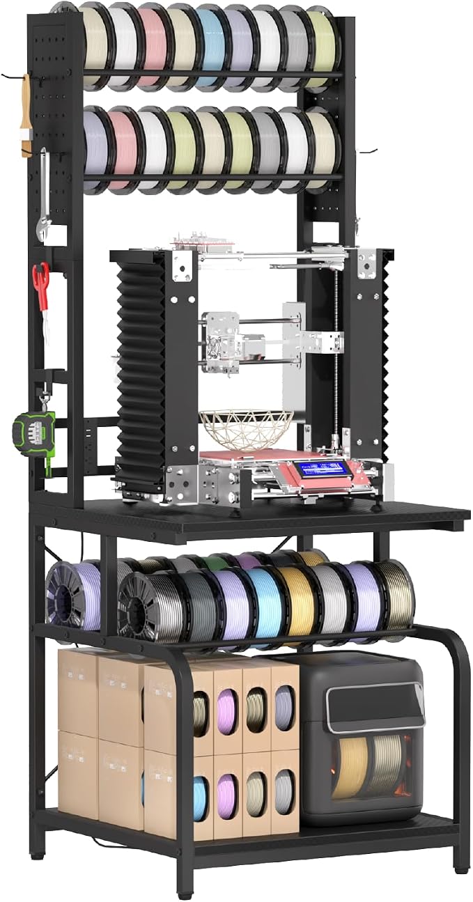 3D Printer Stand with Filament Storage,3D Printer Table with Power Outlets,Sturdy Double-Layer 3D Printer Workstation,for Workshop,Studio,Home Office and 3D Printing Enthusiasts,Carbon Fiber