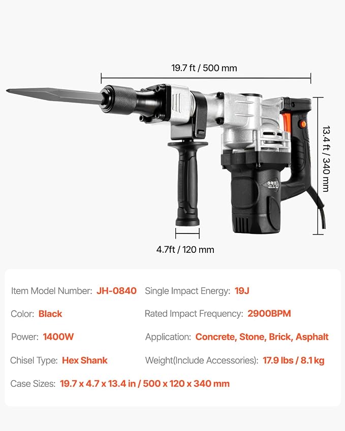 VEVOR Electric Demolition Hammer, 1400W Heavy Duty Jackhammer with 2 Chisel Bits and Carrying Case, 2900 BPM for Breaking Concrete, Includes Black Gloves