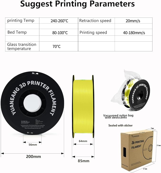 Yellow ABS 3D Printing Supply 1.75mm,1kg Spool,High Heat Resistance,Low Warping,±0.03mm Accuracy,Suitable for Functional Parts and Prototyping