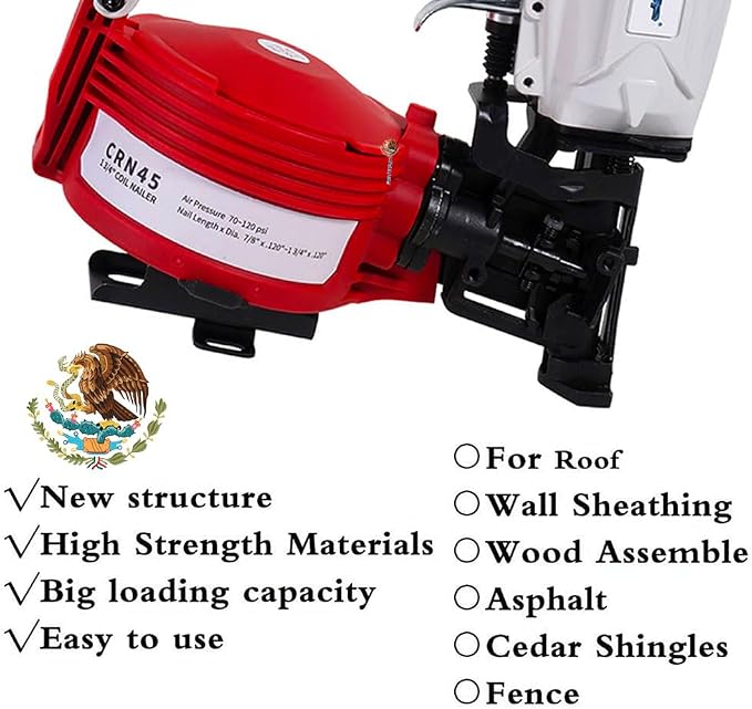 Mexican Style CN45N Roofing Nailer, 15 Degree Roofing Nail Gun, 3/4-Inch to 1-3/4-Inch Coil Nails, 120-pcs Load Capacity Coil Nailer