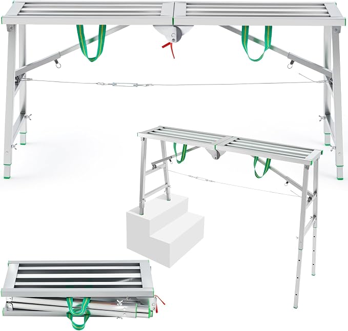 Zonon 28" to 44" H Folding Work Platform 400 Lbs Capacity Portable Scaffolding Step Stool 4 Height Adjustment 55" x 11.8" Non Slip Work Platform Ladder for Home Drywall Cleaning Painting